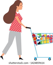 Woman walking with shopping trolley full of food in the supermarket. vector illustration
