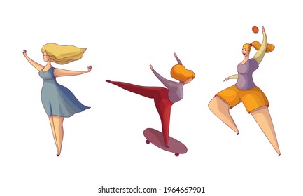 Woman Walking, Skateboarding and Playing Basketball Vector Set