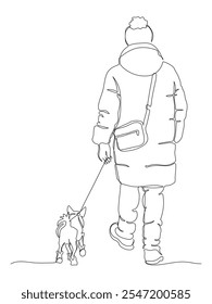 Woman walking with small dog in winter season. Dog wear coat and shoes. Back view. Continuous line drawing. Black and white vector in line art style.