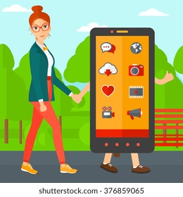 Woman walking with smartphone.