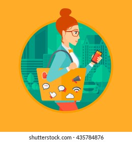 Woman walking with smartphone and bag full of social media icons. Woman using smartphone in the city street. Smartphone addiction. Vector flat design illustration in the circle isolated on background.