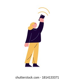 Woman walking with smartphone and trying to catch 5g wireless connection