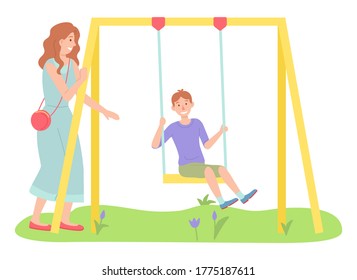 Woman walking with son, boy swinging on a slide swing at the playing field. Happy cartoon kid with mother playing in showground on the backyard. Childrens summer playground, outdoor activities