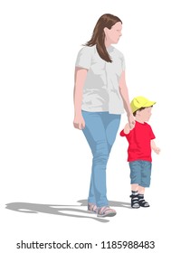 Woman is walking with son, isolated vector