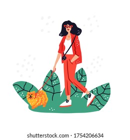 Woman walking Spitz dog. Cute hand drawn vector illustration. Personal dog walker 