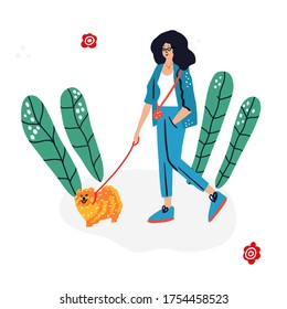 Woman walking Spitz dog. Cute hand drawn vector illustration. Personal dog walker 