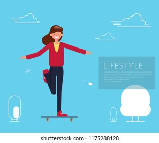 woman walking and sport on skateboard. people in activity lifestyle character. illustration vector art design.
