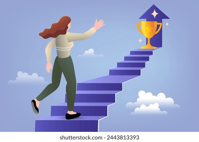 Woman walking up staircase to trophy. Long road to success and target. Ambitious businesswoman ready to overcome difficulties on way to victory in business. Vector business concept illustration.