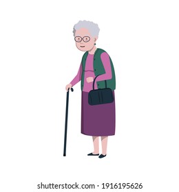 Еlderly woman with a walking stick in a standing position. Vector illustration in a flat style. Senior  woman is a pensioner.