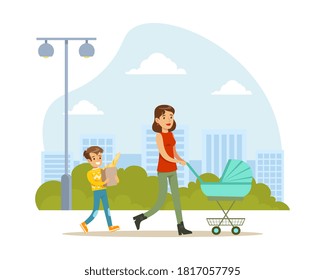 Woman Walking With Stroller On Cityscape Background, Older Son Helping Her To Carry Paper Bag With Groceries Cartoon Vector Illustration