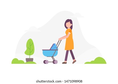 Woman walking with stroller, vector flat illustration