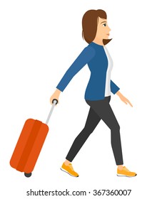 Woman walking with suitcase.