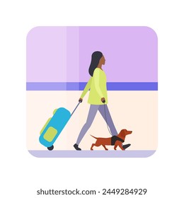Woman walking with suitcase in airport, girl holding leash with dog vector illustration