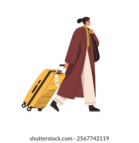 Woman walking with suitcase, hand baggage. Happy tourist, female passenger going with spinner wheeled travel bag, carry-on luggage for flight. Flat vector illustration isolated on white background