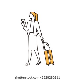 woman walking with a suitcase. she goes on a business trip.