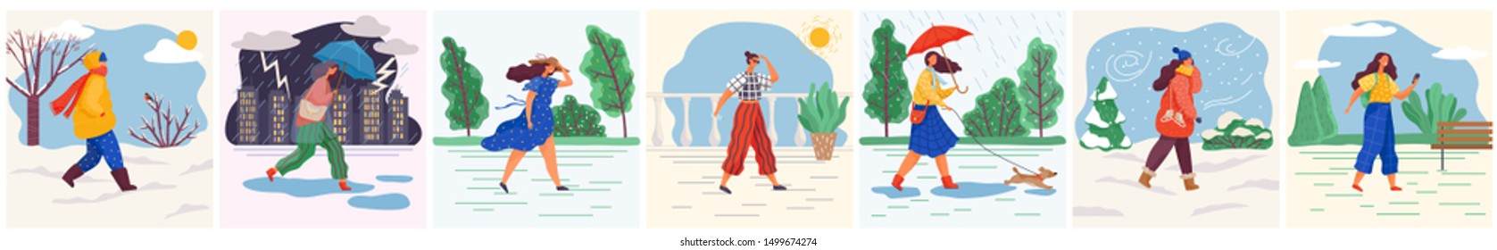 Woman walking in sunny and snowy weather. Set of characters wearing clothes to weather conditions. Rainfall and thunderstorm in city. Landscapes with trees and cities with skyscrapers. Various weather