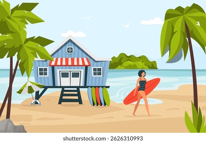 Woman walking with surfboard near tropical beach house on sand. Ocean adventure vibe. Surf school, travel ad for resort brochure use. Flat colorful vector illustration.