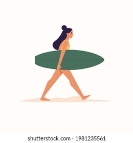 Woman walking with surfboard on isolated white background. Vector illustration cartoon flat style