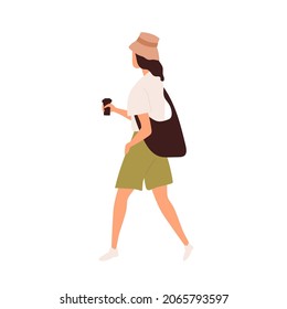 Woman walking with takeaway coffee cup in hands. Young modern person going and holding take-away tea mug. Female in casual clothes strolling. Flat vector illustration isolated on white background