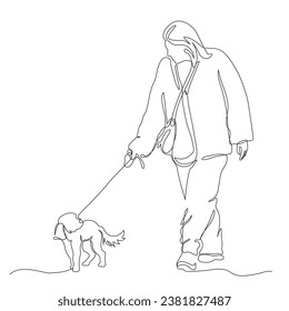 Woman walking and talking to small dog. Continuous line drawing. Black and white vector illustration in line art style.