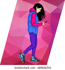 Woman walking and text on mobile phone. Girl looking on smartphone. Online services in phone.  Icons apps in phone of guy
