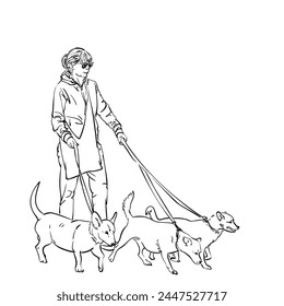 Woman walking three dogs on a leash, Hand drawn linear illustration, Vector sketch people with domestic animals