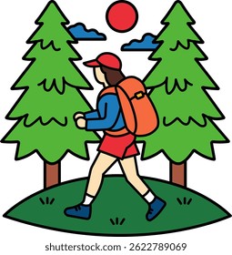 A woman is walking through a forest with a backpack on her back. The trees are green and the sky is blue