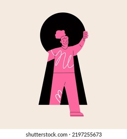 Woman walking through the giant keyhole. Self discovery and identity finding concept. Colorful vector illustration