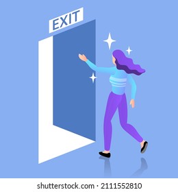 Mujer caminando por una puerta abierta. opciones y nuevos caminos. Vida diaria. Concepto de ruta de escape. Idea de éxito, oportunidad y crecimiento de la carrera. Luz en la oscuridad. Ilustración vectorial plana editable