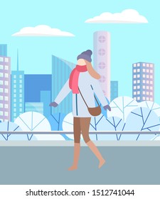 Woman walking through urban winter park alone. Girl in warm clothes, outerwear and scarf, mittens and hat, also with handbag. Snowy landscape of city on background. Vector illustration in flat style