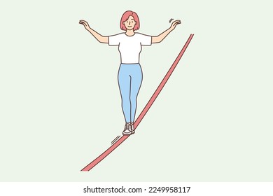 Woman walking tightrope. Smiling female walker do sport training engaged in physical activity. Hobby. Vector illustration. 