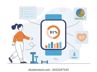Woman walking and tracking health metrics on smartwatch, modern flat graphic style, on abstract light background. Concept of fitness and wellness. Vector illustration