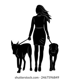 mujer caminando con dos perros grandes silueta sobre fondo blanco Vector