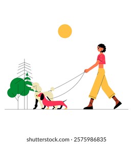 Woman Walking Two Dogs Outdoors In Flat Vector Illustration Symbolizing Leisure, Pet Care, And Outdoor Activity, Isolated On White Background