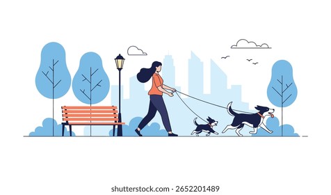 Mulher passeando dois cachorros em um parque com edifícios da cidade ao fundo e árvores e um banco