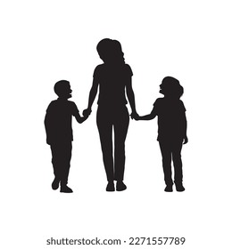 Woman walking with two kids vector silhouette. Single mother walking two kids silhouette.