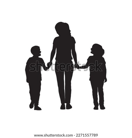 Woman walking with two kids vector silhouette. Single mother walking two kids silhouette.