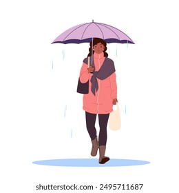 Woman walking with umbrella in autumn or spring rain, front view. Cute girl with headscarf and red jacket holding parasol and shopping bag to walk in bad rainy weather cartoon vector illustration