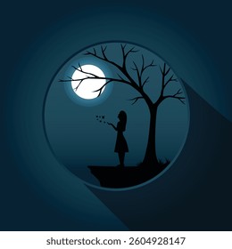 woman walking under the beautiful night sky, sky at night. alone girl. Minimalistic Silhouettes of Person standing vector illustration.