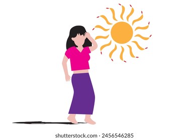 Woman Walking Under Direct Sunlight. Heat Wave concept. 