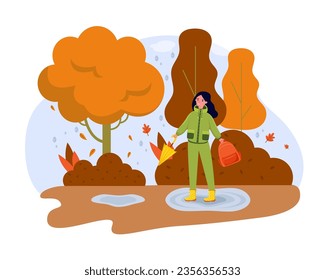 Woman walking under rain with umbrella vector illustration. Happy female character with backpack standing in puddle, yellow trees and leaf fall around. Autumn or fall, nature, weather concept