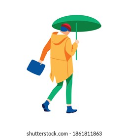 Woman walking under umbrella. Autumn or spring weather season, rainy day. Back view of girl dressed fashionable clothes spending time on nature with red umbrella flat vector illustration