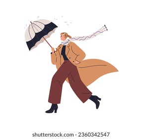 Woman walking under umbrella in autumn. Happy girl going in fall coat and scarf in windy weather, rainy day. Modern stylish person in rain. Flat vector illustration isolated on white background