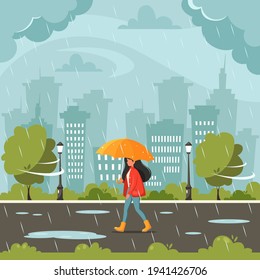 Woman walking under an umbrella during the rain. Fall rain. Autumn outdoor activities.  Vector illustration