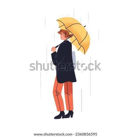 Woman walking under umbrella in rain shower. Person holding parasol in hand in downpour, rainfall, rainy day, wet weather, raindrop protection. Flat vector illustration isolated on white background