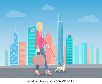 Woman walking in urban city with dog on leash, skyscraper buildings on background, blonde female carry bag and adorable yorkshire terrier pet vector