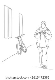 Woman walking and using phone on the go. Bycicle and windows in background. Black linear drawing isolated on white. Vector illustration in line art style.