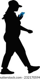a woman walking and using smart phone, silhouette vector