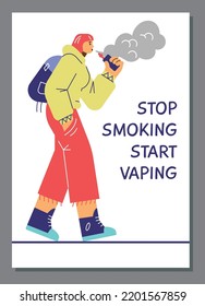 WOman walking and vaping, stop smoking start vaping inscription, poster template flat vector illustration. Young female character addicted to smoking electronic cigarettes.