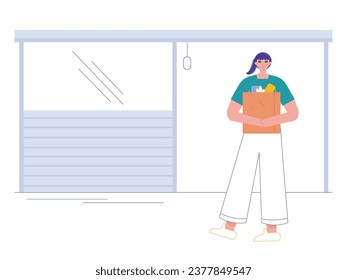 Woman walking while carrying a paper grocery bag, shopping in a market. Character design. Vector flat illustration